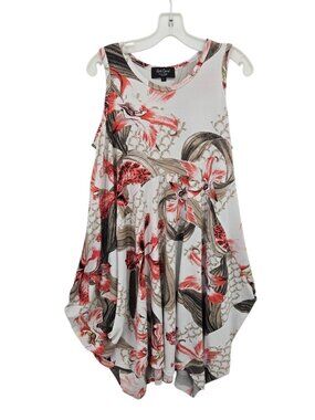 Red Coral Cocoon Dress L Sleeveless Floral Tropical Flowy Lagenlook Boho